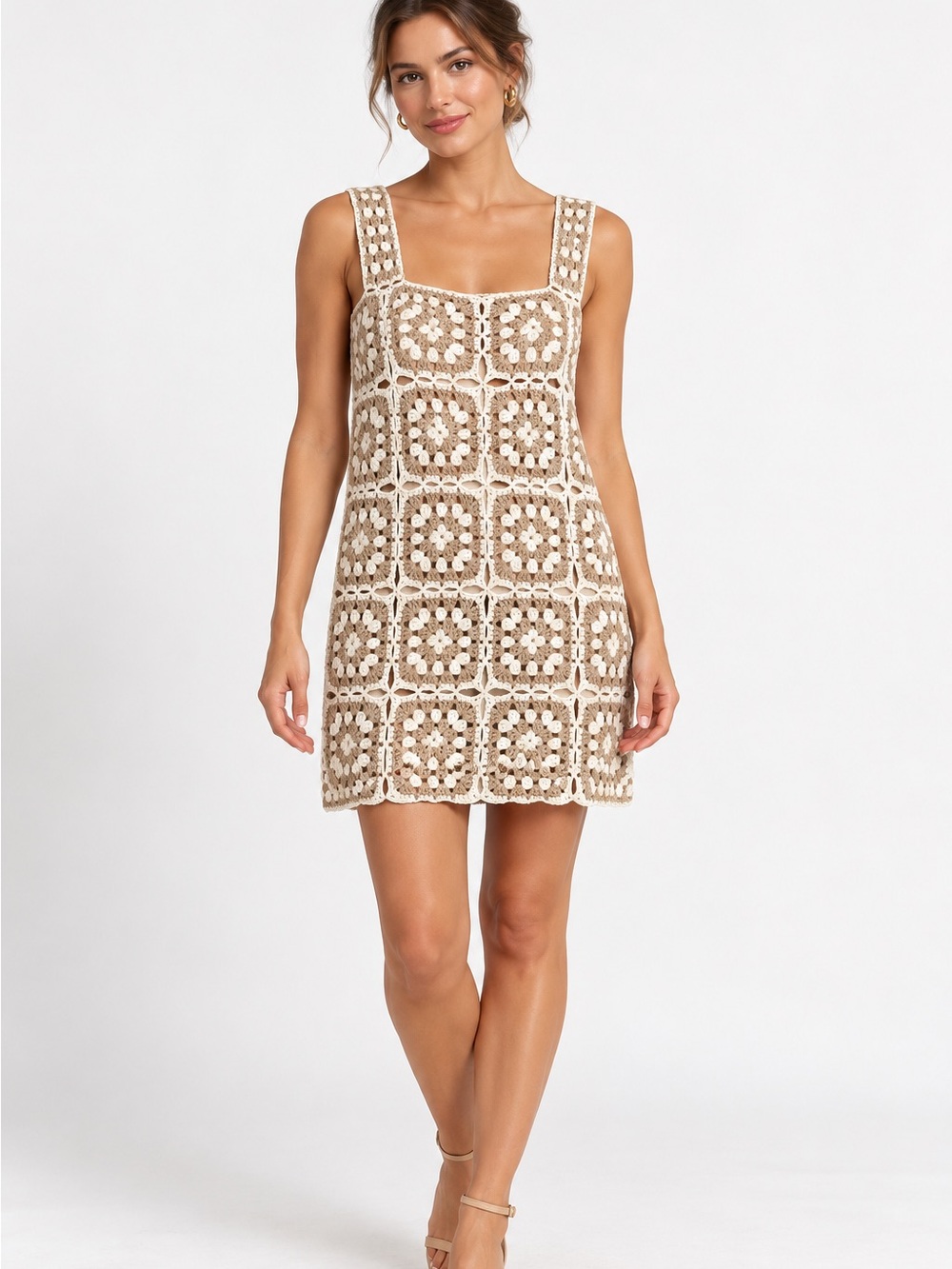 VICI Beige Cream Granny Square Crochet Mini Dress Size Small